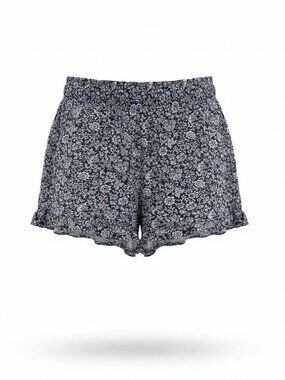 Navy Floral Elastic Waist Ruffle Hem Shorts